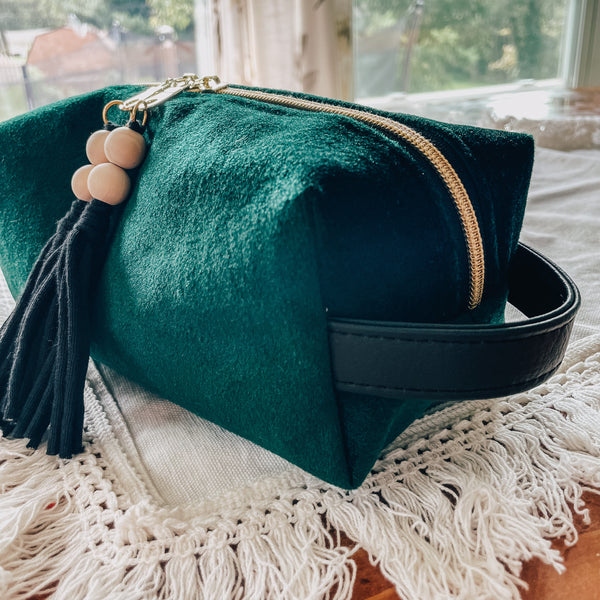 Emerald Velvet Boxy Makeup Bag