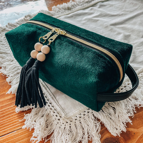 Emerald Velvet Boxy Makeup Bag