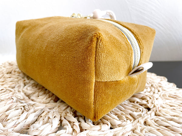 Mustard Velvet Boxy Makeup Bag