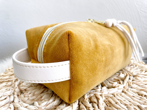 Mustard Velvet Boxy Makeup Bag