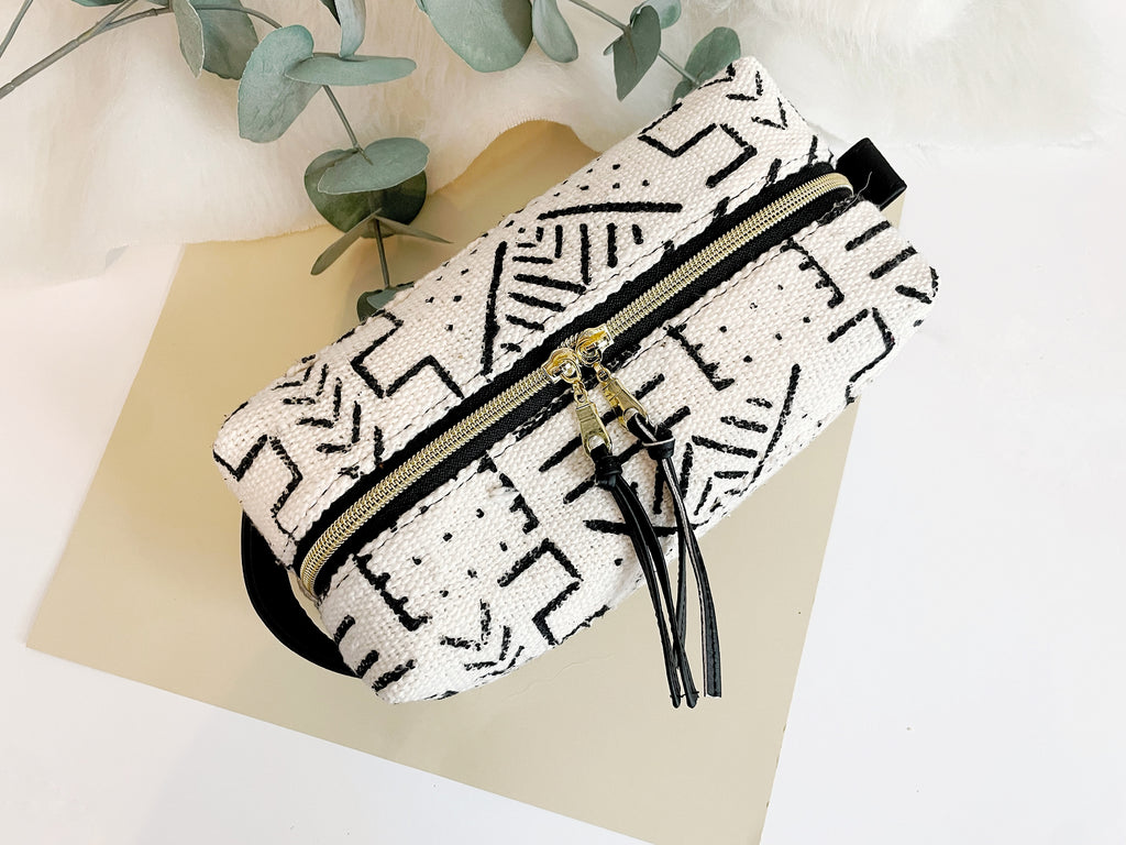 White Black Mudcloth Boxy Makeup Bag