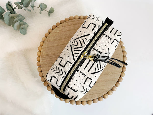 White/Black Mudcloth Boxy Makeup Bag