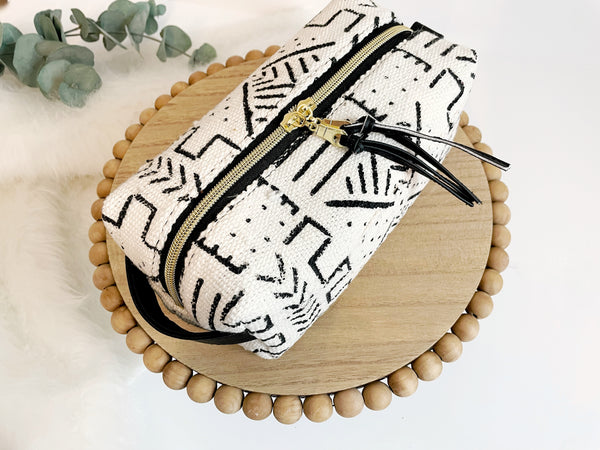White/Black Mudcloth Boxy Makeup Bag