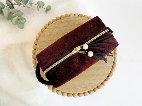 Burgundy Velvet Boxy Makeup Bag