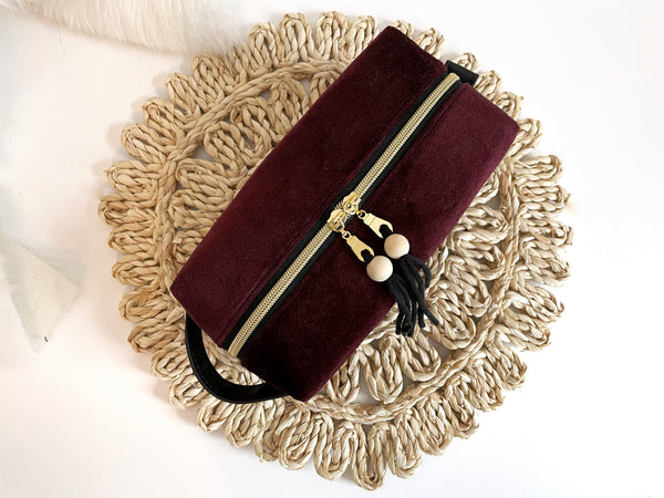 Burgundy Velvet Boxy Makeup Bag