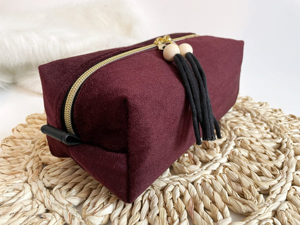 Burgundy Velvet Boxy Makeup Bag